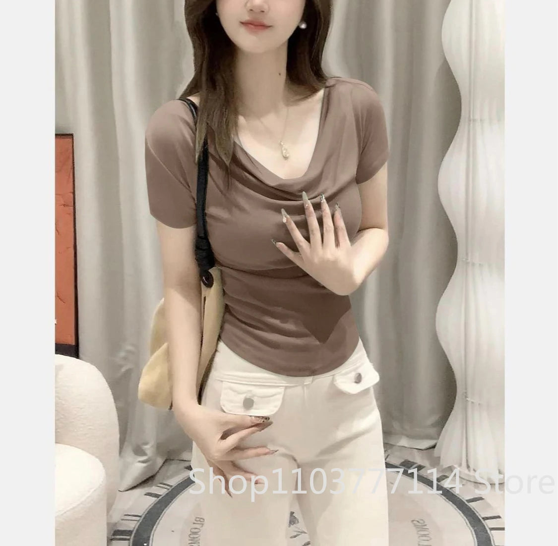 Summer Thread Solid Color Beach Fashion Versatile Women's Short Sleeved T-shirt Casual Lightweight Breathable Sexy Women's Top