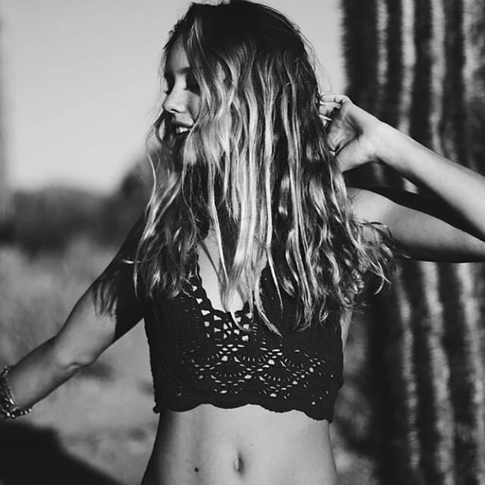 Sexy Beachwear Halter Neck Vest Crochet Crop Top Knit Bralette Bra Boho Beach Camisoles Bikini Tank Backless Tops