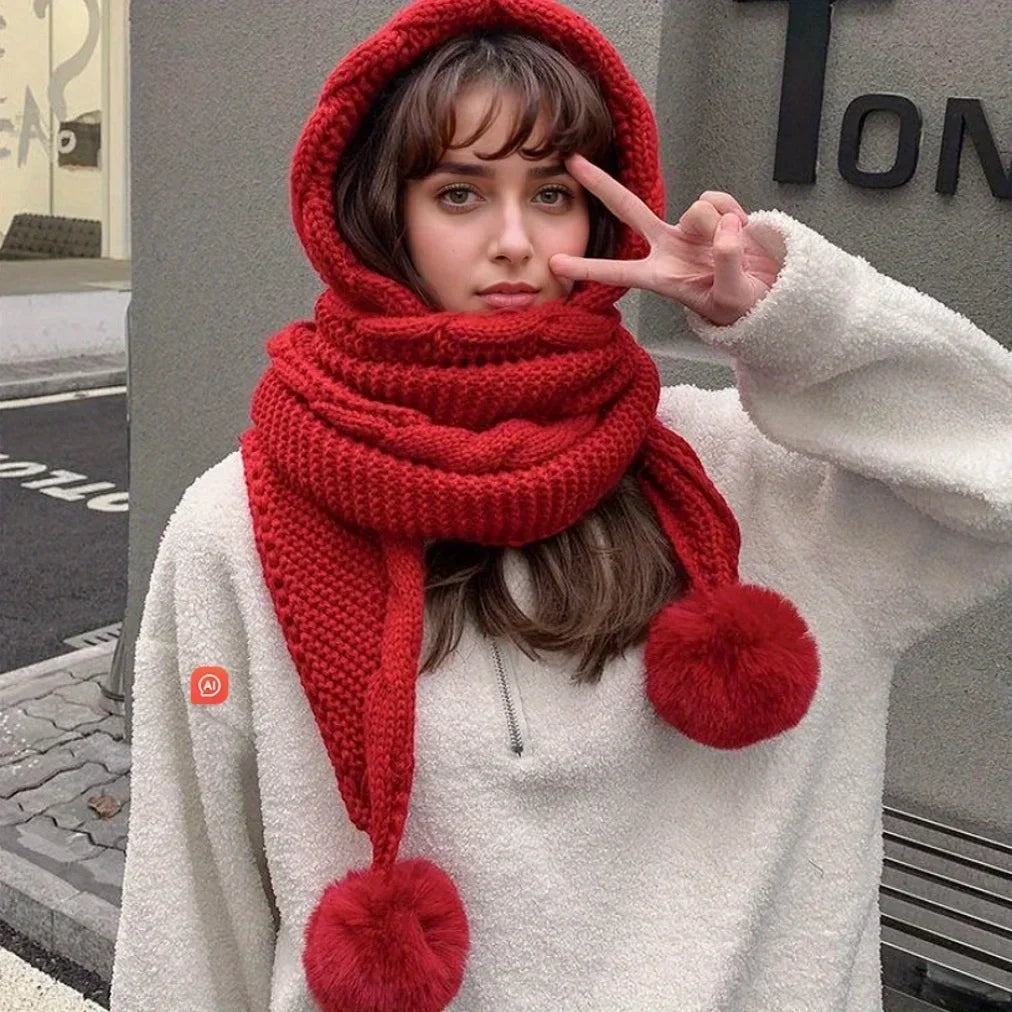Women's Pom Beanie with Attached Scarf - Knit Balaclava Hat Set - photo 5