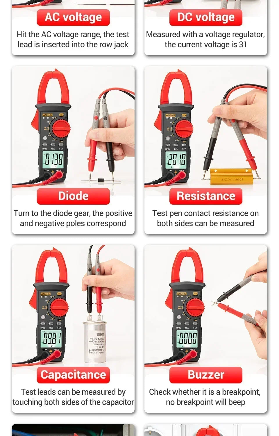 ANENG Clamp Meter Multimeter 4000 Counts Digital ST181+B19 AC Current Voltage Tester Ammeter Hz/Capacitance/NCV/Ohm Tester Tools