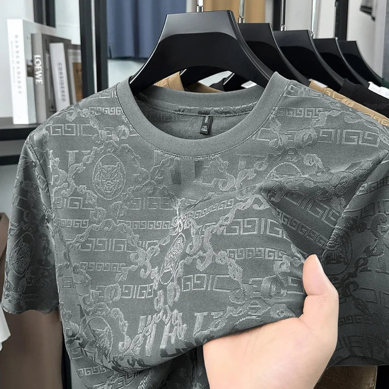 Men's Ice-Silk Mesh Tee - Jacquard Crew Neck, Slim Breathable