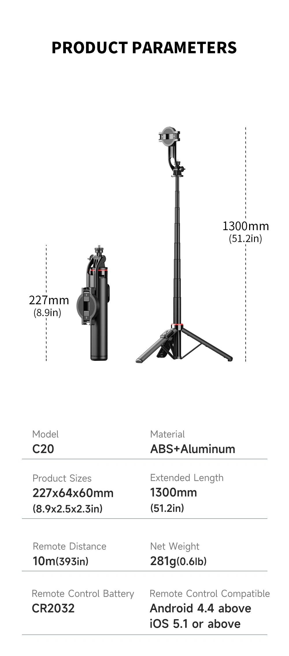 Magnetic Selfie Stick Tripod for iPhone 12-16 Pro Max Travel Stand with Magsafe Phone Clamp for Android Smartphone