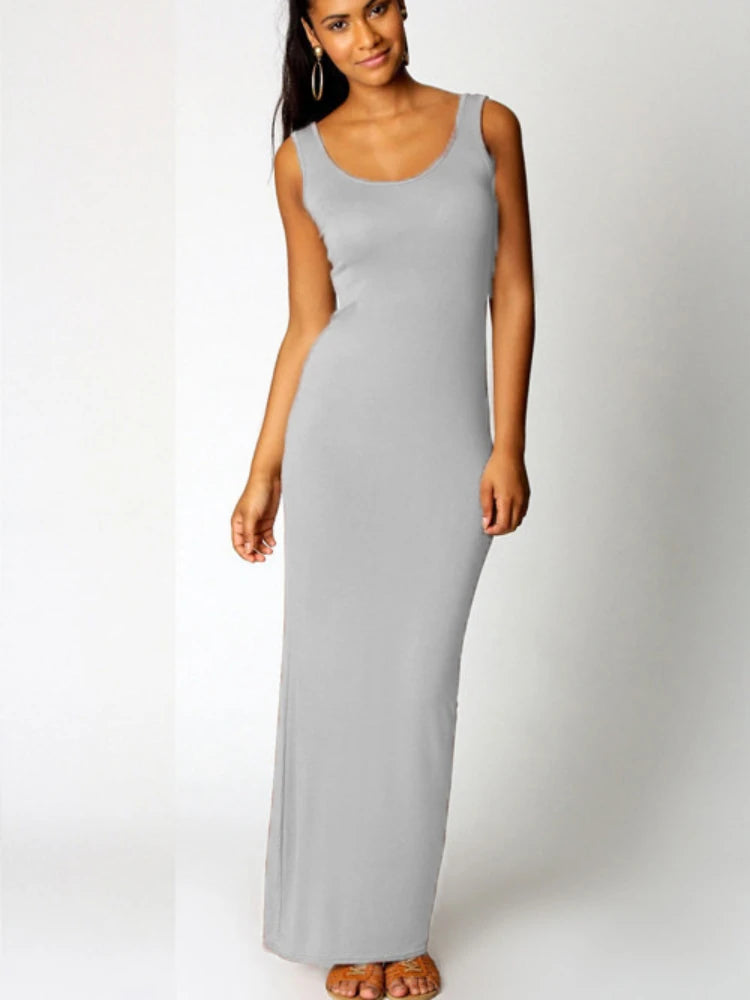 Sexy Solid Color Slim Bodycon Long Maxi Dress Women Elegant Sleeveless Skinny Dress Club Party Vestidos