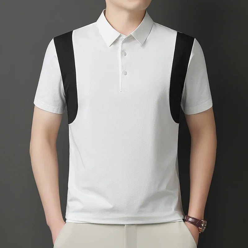Men's Side-Block Polo Tee - Mesh Spliced, Breathable Slim Fit