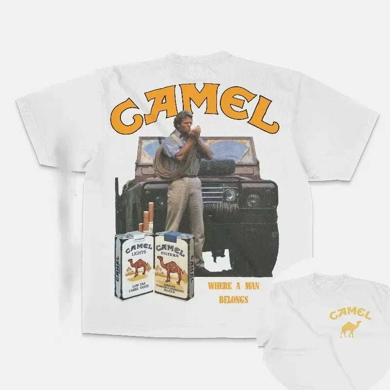 Retro Car Camel Cigarettes T-Shirt Vintage Cotton Tops Tees Short Sleeve Casual Streetwear Men Women Clothing Harajuku