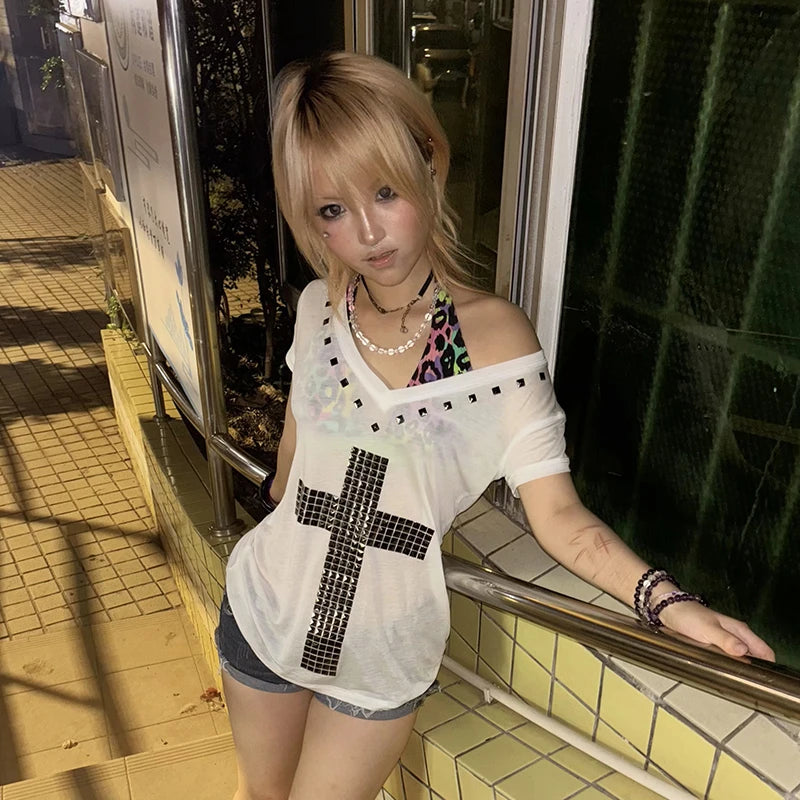Women's Y2K Cross-Print Sheer Tee — V-Neck Vintage Harajuku Grunge Top