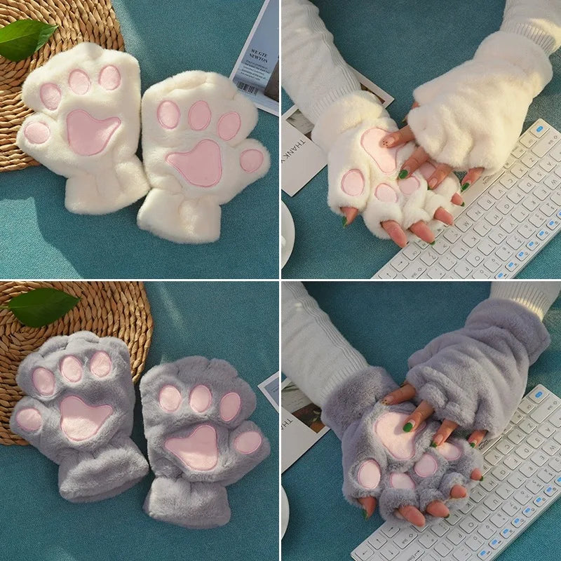 Women's Cat Paw Plush Mittens, Fingerless