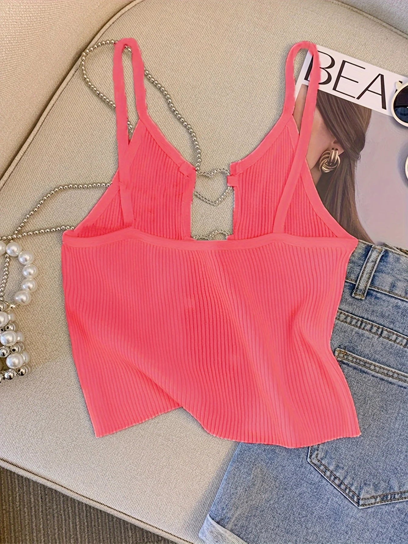 2026 New Sexy Solid Ribbed Crop Sleeveless Top - Back Heart Decor Cami Top for Women Perfect for Spring & Summer