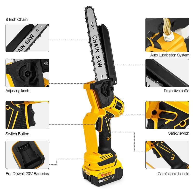 Electric Goddess Brushless 6/8in Electric Chainsaw 1380W Cordless Woodwork Cutting Garden Pruning Saw For Dewalt 20V Battery Pin