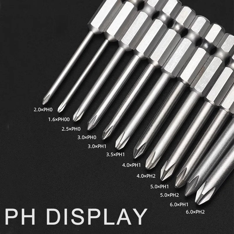 Cross Screwdriver Bit Set — 50mm Alloy Steel 1/4" Hex PH0/PH1/PH2 Bits