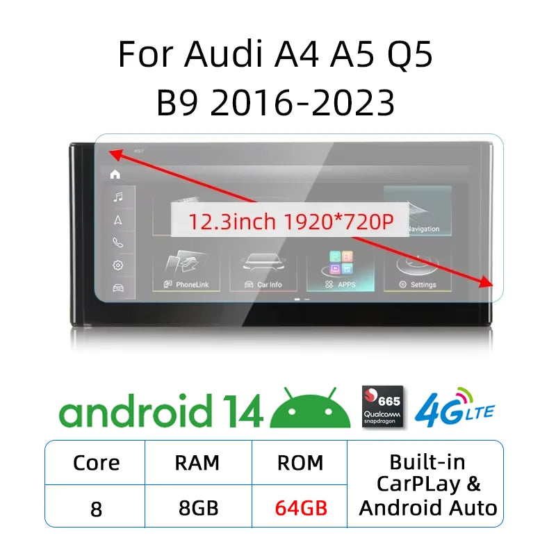 12.3" Car Stereo with Apple CarPlay & Android Auto, Compatible with Audi A4 A5 Q5 B9 (2016-2023)