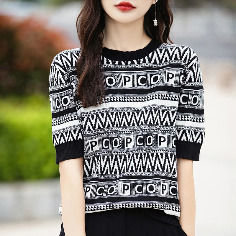 Pure Cotton Hollow Short-Sleeved Ladies Spring And Summer Loose Slim New Joker Knit Bottoming T-Shirt