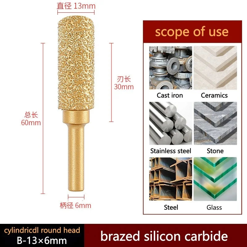 6mm Shank Brazed Diamond Grinding and Polishing Head for Cast Iron Stone Marble Tile - Deburring Metal Processing  Carve