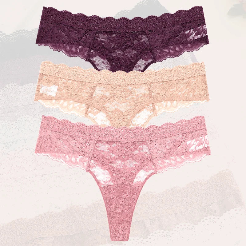 3-Pack Floral Lace Thongs – Soft Low-Rise Seamless Panties