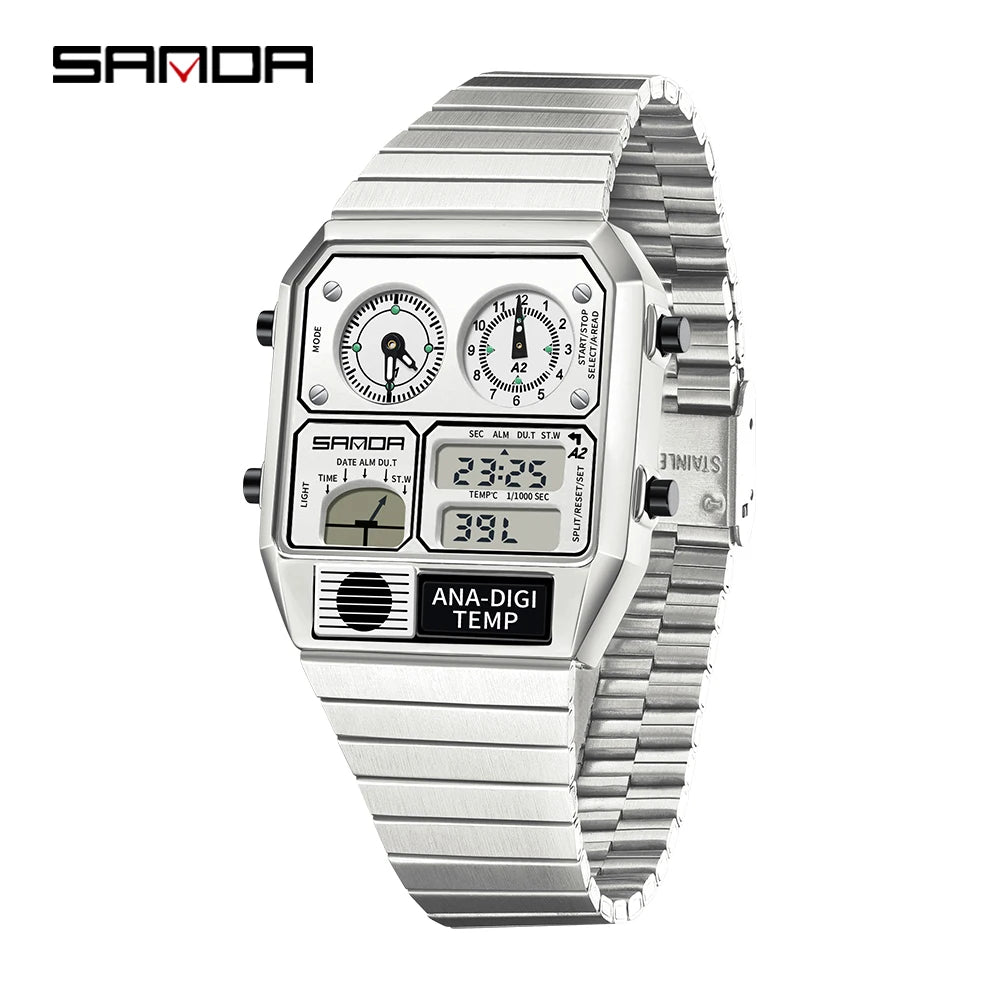 SANDA 3192 Men's Sport Watch – Analog-Digital LED, Waterproof, Stainless Steel
