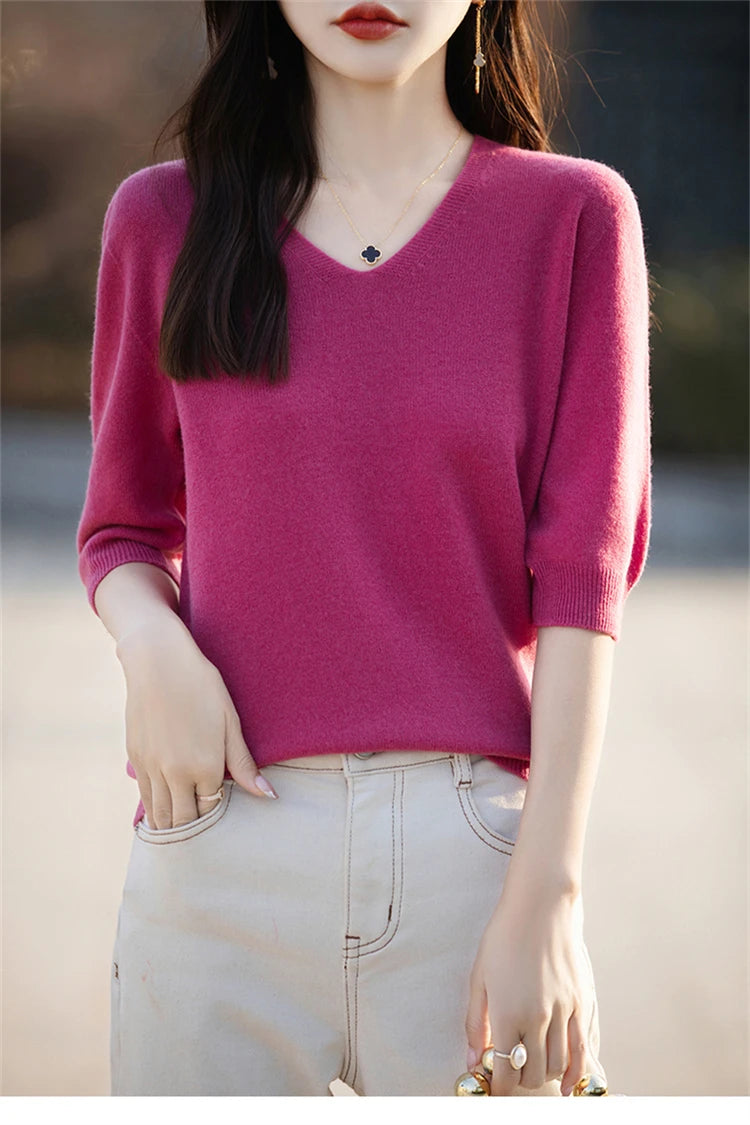 RONGYI Spring/Summer 2026 Ladies Sweater Pullover Solid Color V-neck Half-sleeved Knitted Cashmere Sweater Thin Casual Top