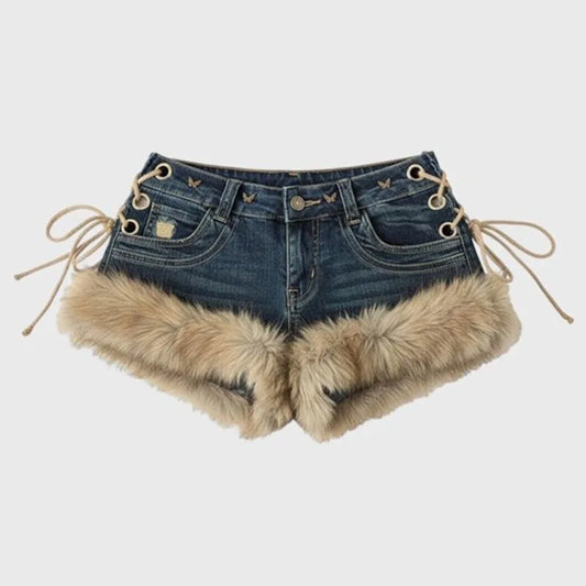 Women's Fluffy-Trim Denim Shorts — Y2K Low-Rise Strap Hot Pants