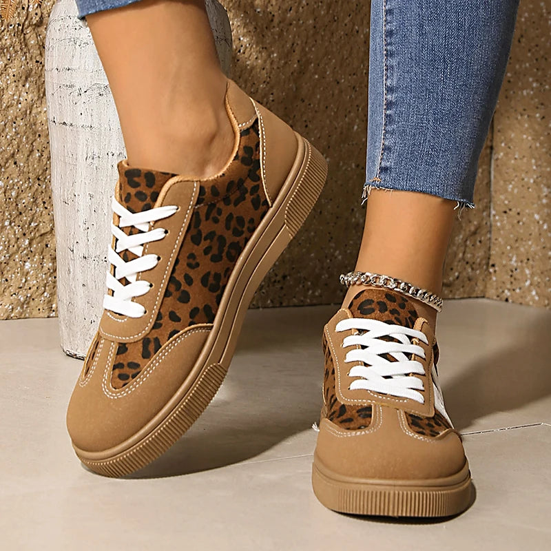 Brown Leopard Platform Sneakers for Women — Non-Slip Thick-Sole Trainers, Plus Size