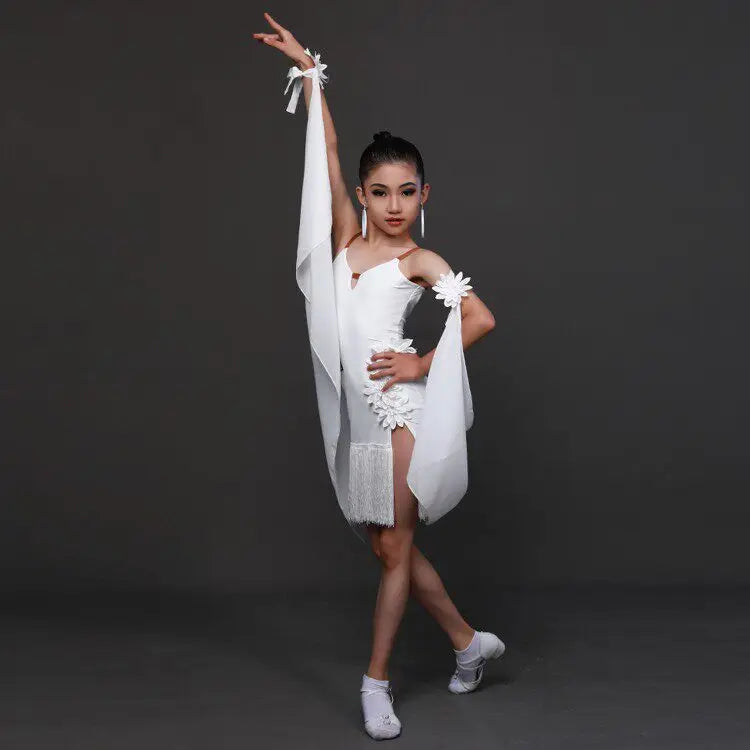 Girls Latin competition dress with fringe skirt
