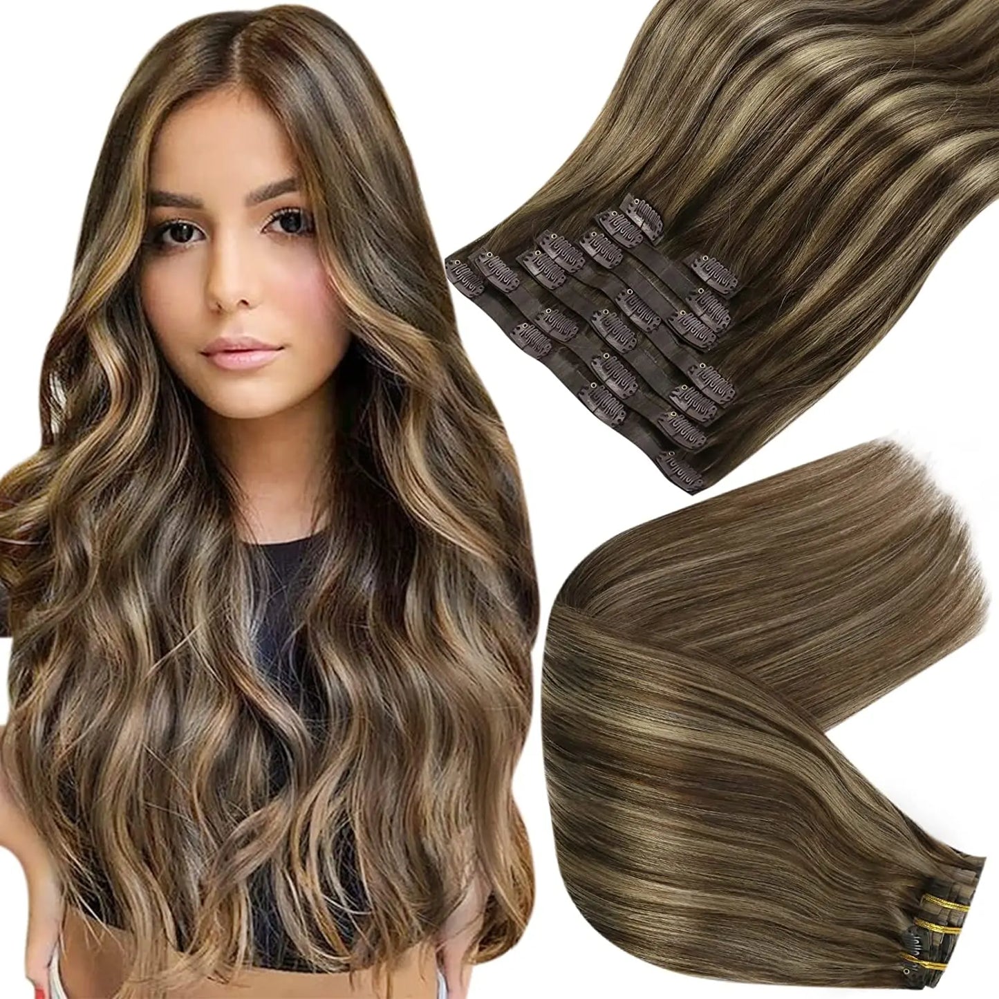Full Shine Seamless Clip in Hair Extensions Remy Human Hair 8Pcs 120g & 80g Clip In Hair Extensions Human Hair Blonde Skin Weft