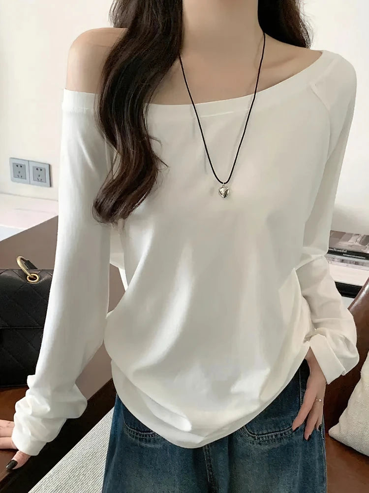 Women's Oversized Off-Shoulder Long-Sleeve Top — Casual Korean Basic Tee