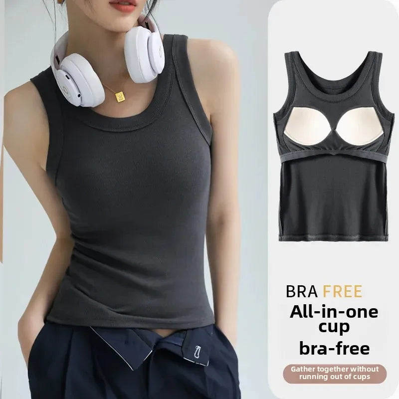 2-in-1 T-Shirt Bra Combo Top- Women's Seamless Built-in Vest,Summer Breathable Sleeveless Shirt & Casual Undershirt Sexy Top Y2k