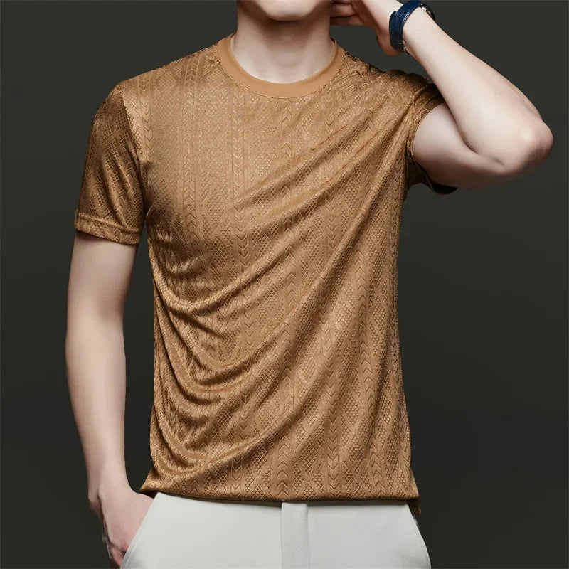 Men's Ice-Silk Jacquard Tee - Crew Neck, Cool-Touch Hollow Mesh