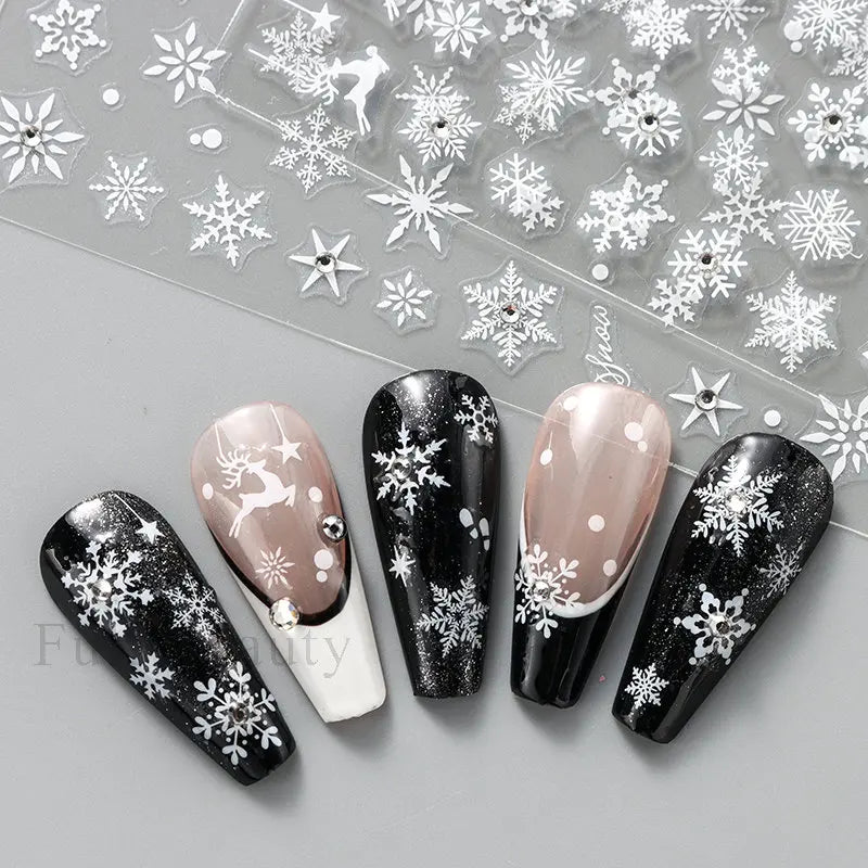 2pcs White Snowflake Nail Stickers With Sparkling Crystal Rhinestones Winter Christmas Design Self-Adhesive Sliders Decals Festi