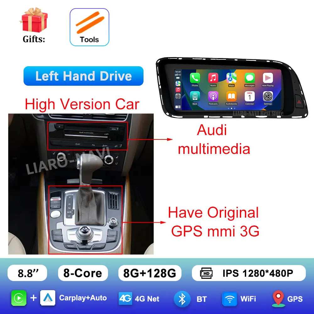 Android 16 for Audi Q5 2026 - 2026 HD Screen Car Radio Video Multimedia Player 8.8 inch BT 4G Carplay DSP Stereo WiFi Auto Tools