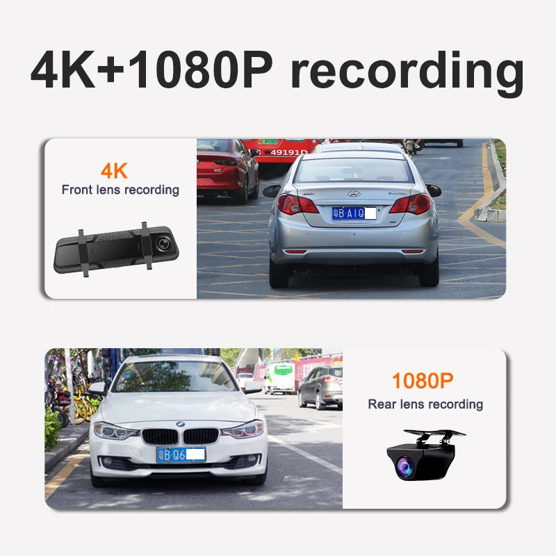 10 Inch 4K Mirror Dash Cam Suppost Wireless Carplay & Android Auto WIFI GPS Navigation Dual Lens Video Recorder Car Dvr