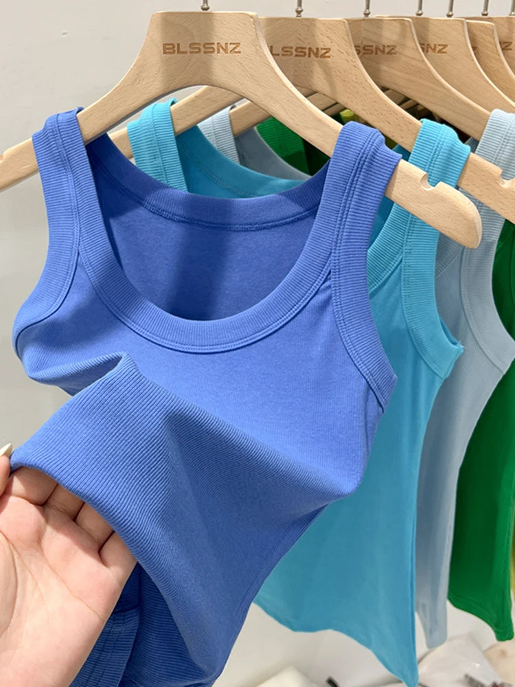 AOSSVIAO Women Solid Round Neck Ribbed Tank Top Camisole Women 2026 Summer Basic Elastic Tank Top O Neck Solid Tank Top