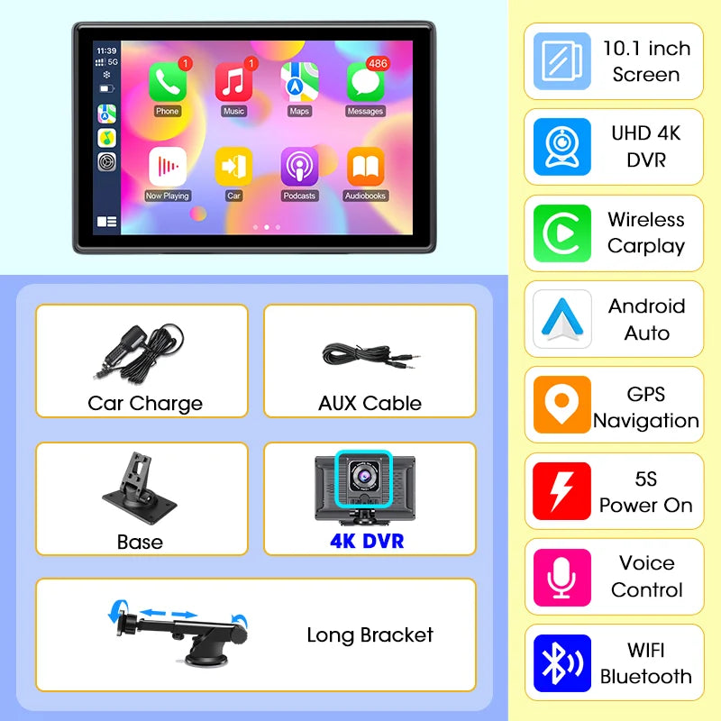 Jansite 10.1 inch UHD Car DVR 4K Dashcam CarPlay/Android Auto 4:3 Screen 5G WiFi GPS Navigation Recorder Rearview Camera FM AUX