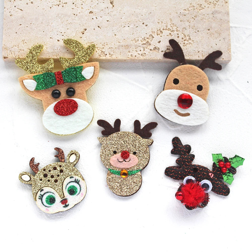 10pcs Glitter Padded Applique Reindeer with Red Nose  for DIY Christmas Hair Clips Bow Accessories Felts Supply Party Decor