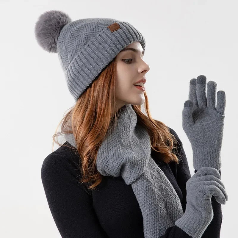Women's Pom Pom Beanie, Scarf & Touchscreen Gloves - 3 Piece Set - photo 3