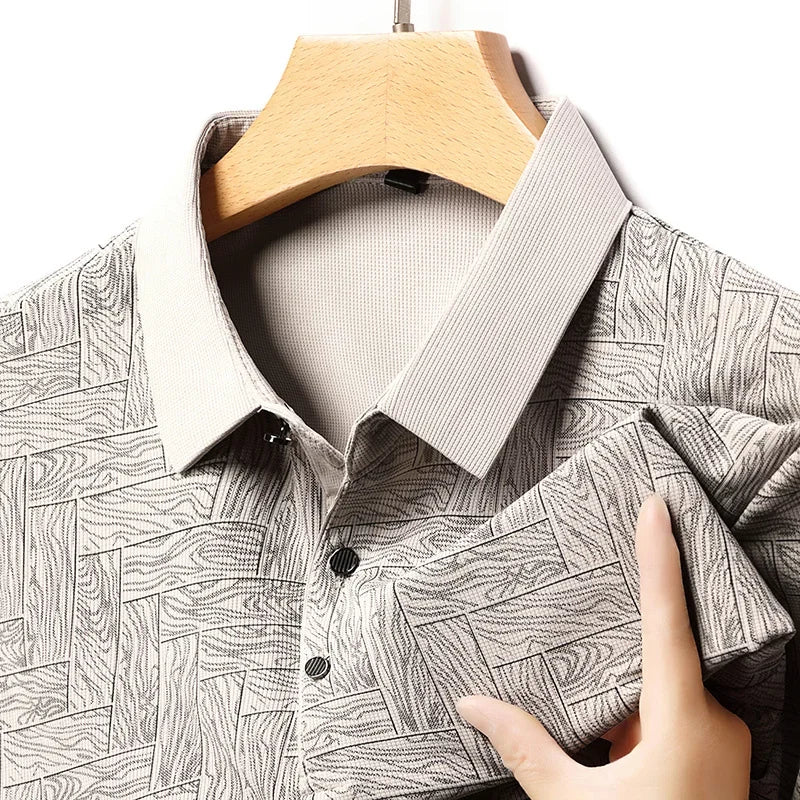 Men's Print Lapel Polo - Wood-Tile Pattern, Half-Button Placket