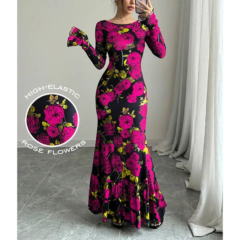 Elegant Rose Print Fishtail Maxi Dress – Long Sleeve