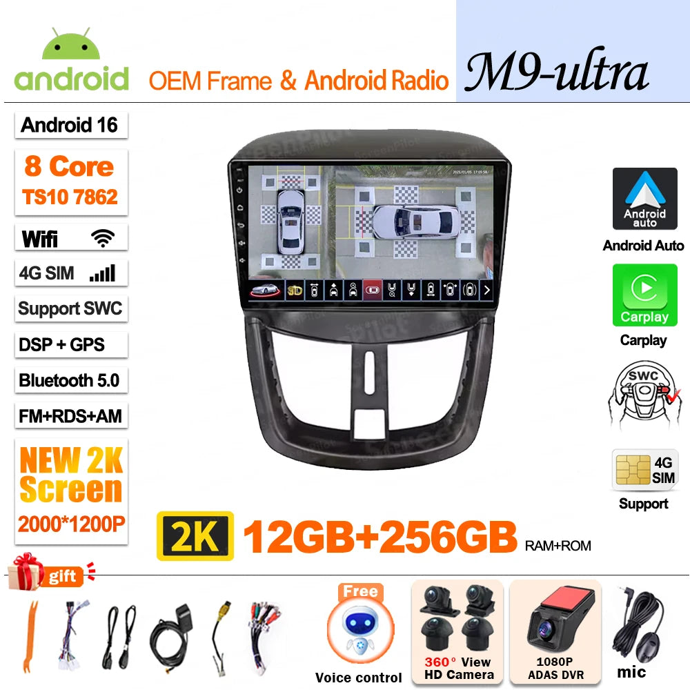 9" Android Car Stereo for Peugeot 207 & 207CC (2006–2015) — Wireless Android Auto, CarPlay, GPS, WiFi