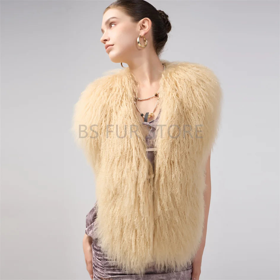 Fluffy Luxury  Real Mongolian Fur Halter Vests Women Solid Deep V-Neck Backless Bandage Sleeveless Jackets Top Outerwear Coat