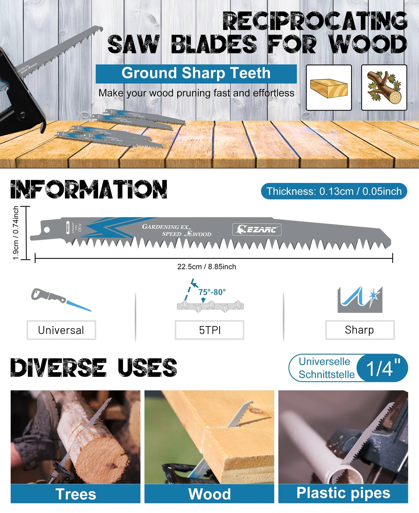 EZARC Reciprocating Saw Blades for Wood Pruning, 150mm 6TPI /225mm 5TPI CRV Ground Sharp Teeth Saw Blades Cutting Tools 6'' 9''