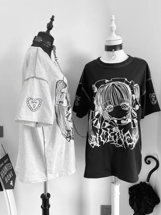 Japanese Y2K Harajuku Gothic anime Girl Printed Short Sleeve Couple T-shirt Summer New Loose and Comfortable Casual Top