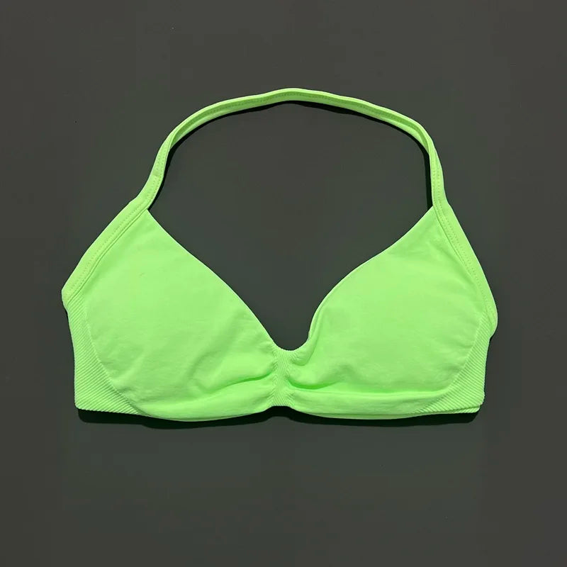 HISTELLO Df Solid Color Impact Strappy Bra Women Seamless Yoga Underwear Fitness Workout Halter Top Running Gym Sports Bra