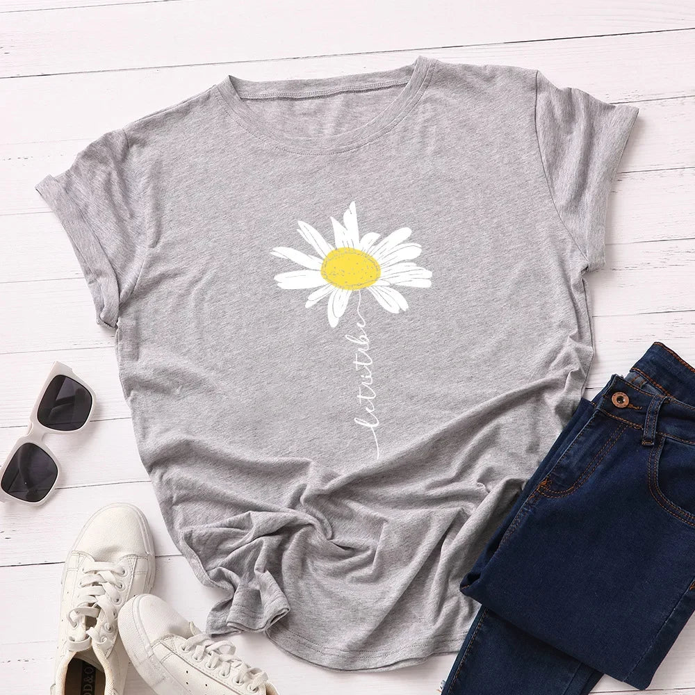 100% Cotton Women T-Shirt 2026 Summer Tshirt Creative Daisies Printed Woman Short Sleeve Tee Tops Female T Shirt