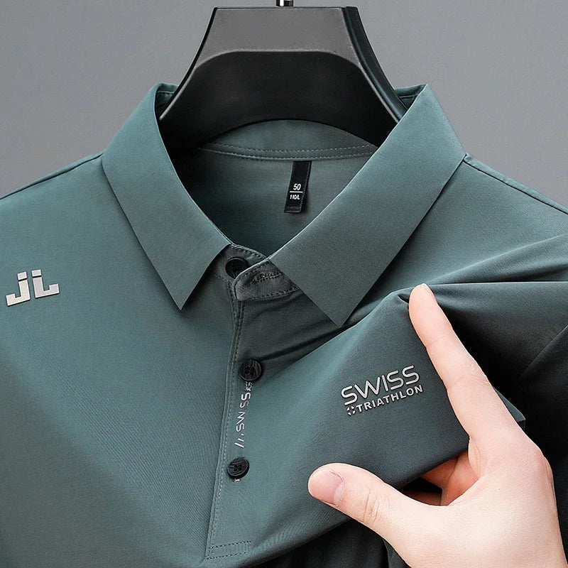 Men's Badge Polo Shirt - Solid Color, Breathable Business Casual
