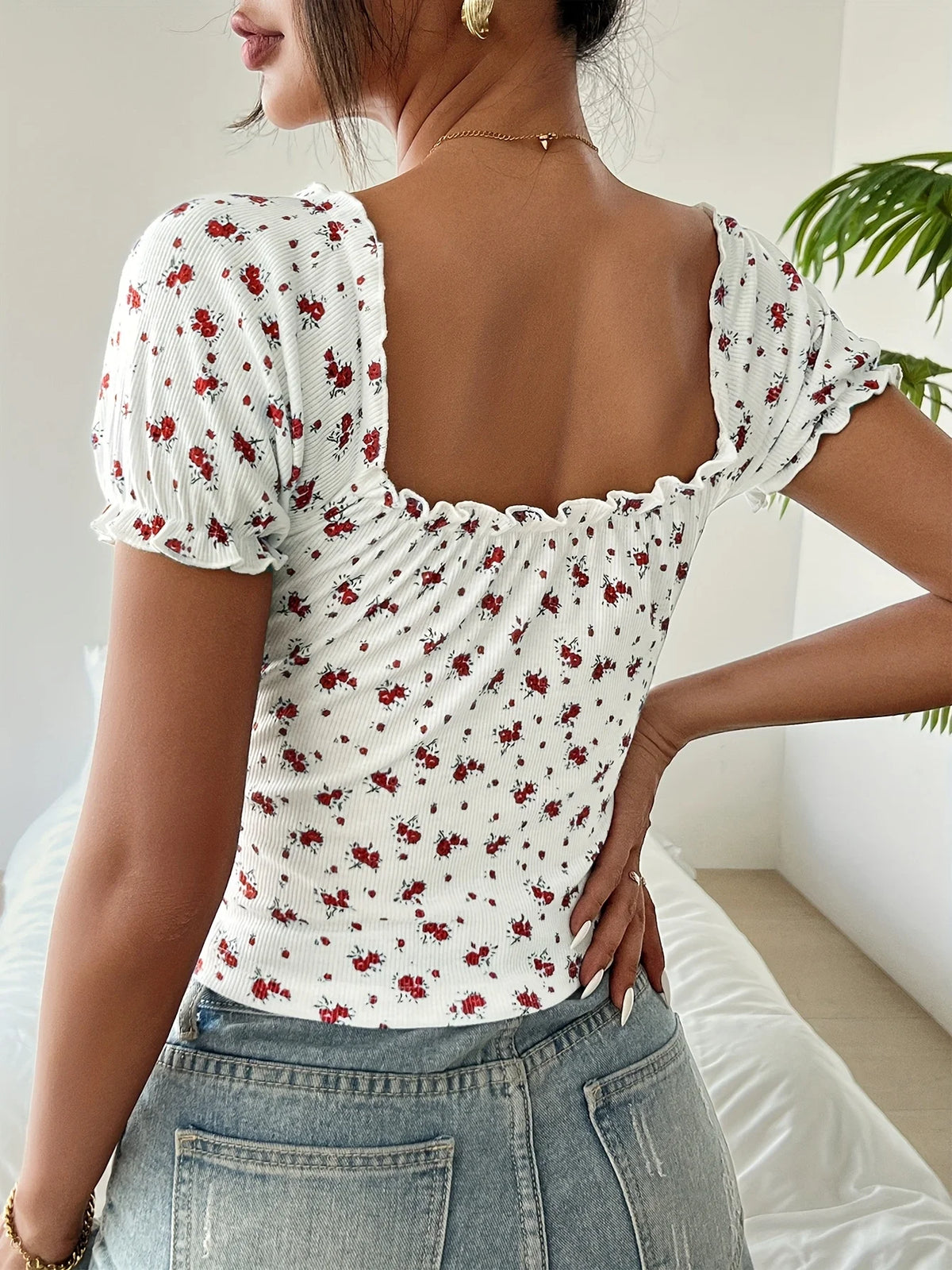 Women's floral puff sleeve V-neck boho blouse — view 14 of 18