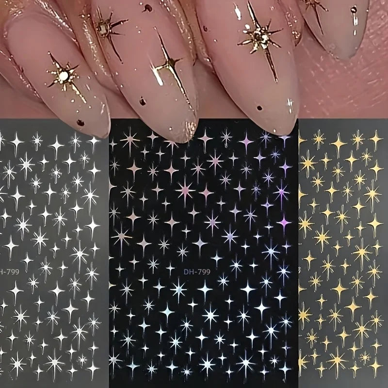 3 Set of Metal Laser Starburst Nail Art Stickers, Disposable Self-Adhesive Nail Stickers for Women DIY Artistic Decorative Acces