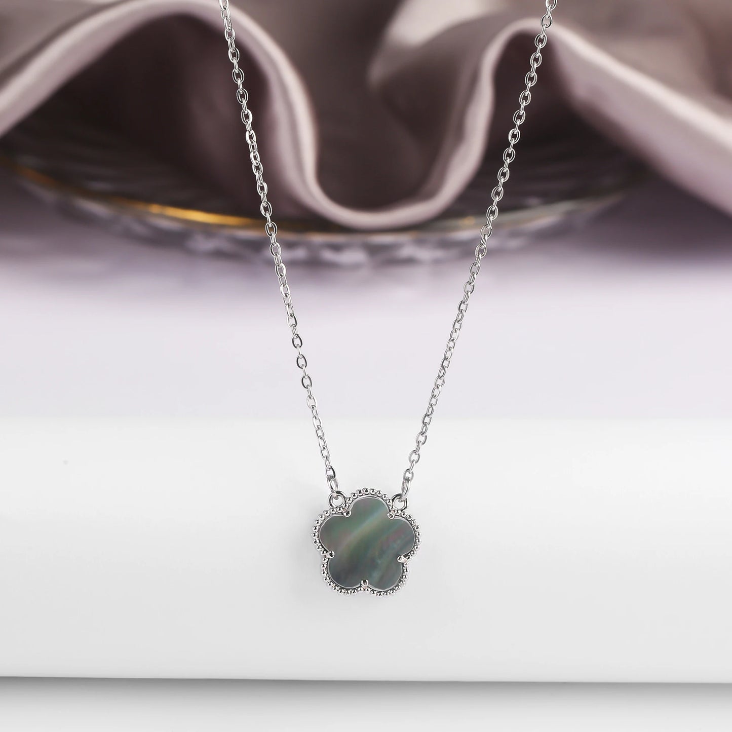 Five-Petal Flower Pendant Necklace — Natural Stone, 7 Colors