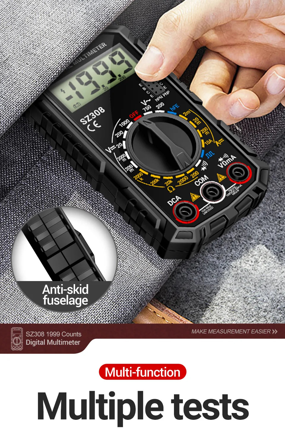Digital MultimeterAC/DC Current Voltage Resistance Meter Meter Electrician LCD Backlight Ohm Square Wave Test tools ANENG SZ308