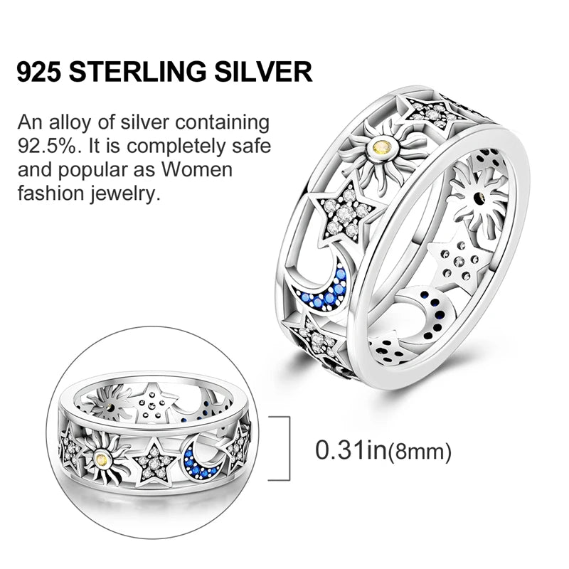 New in 925 Sterling Silver Sun and Moon Love Princess Zircon Oxide Enamel Heart Love Rings Fashion Fine Jewelry For Women Gifts