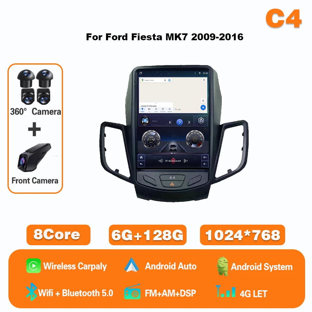 9.7" Android Car Stereo for Ford Fiesta MK7 (2009–2017) — Wireless CarPlay & Android Auto, GPS, 4G, WiFi