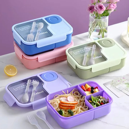 Kids Microwavable Bento Box - 1450ml 3 Grid Lunch Box with Cutlery
